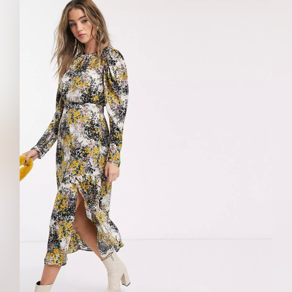 TOPSHOP Floral Midi Dress, Puffy Shoulders, Vintage Style, US 4